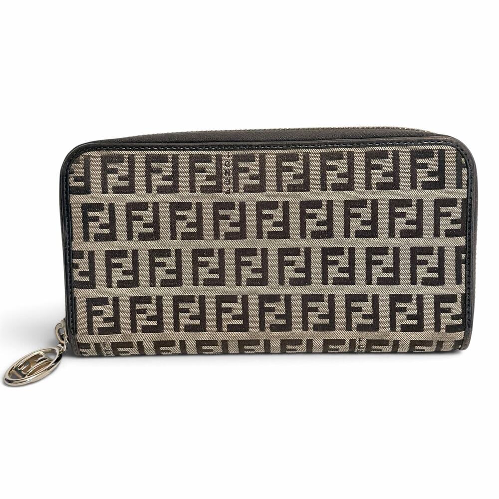 Fendi Zucchino Canvas Zip Around Wallet in Brown FF Print with Silver Hardware